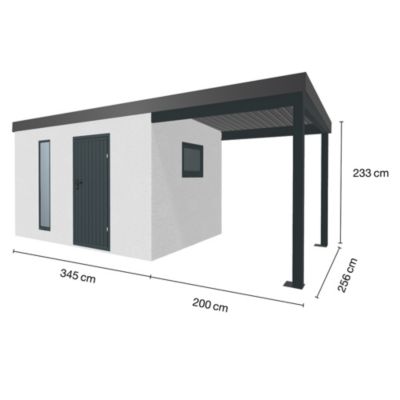 Abri de jardin en métal finition crépi 3450 x 2560 mm blanc avec auvent à droite 2000 x 2560 mm anthracite