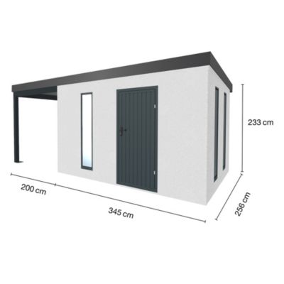 Abri de jardin en métal finition crépi 3450 x 2560 mm blanc avec auvent à gauche 2000 x 2560 mm anthracite