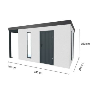 Abri de jardin en métal finition crépi 3450 x 2560 mm blanc avec auvnet à gauche 1000 x 2560 mm anthracite