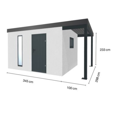 Abri de jardin en métal finition crépi 3450 x 2980 mm blanc avec auvent à droite 1000 x 2980 mm anthracite