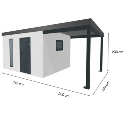 Abri de jardin en métal finition crépi 3450 x 2980 mm blanc avec auvent à droite 2000 x 2980 mm anthracite