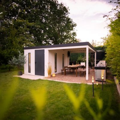 Abri de jardin en métal finition crépi 3450 x 2980 mm blanc avec auvent à droite 2000 x 2980 mm anthracite
