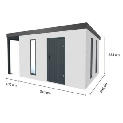 Abri de jardin en métal finition crépi 3450 x 2980 mm blanc avec auvent à gauche 1000 x 2980 mm anthracite