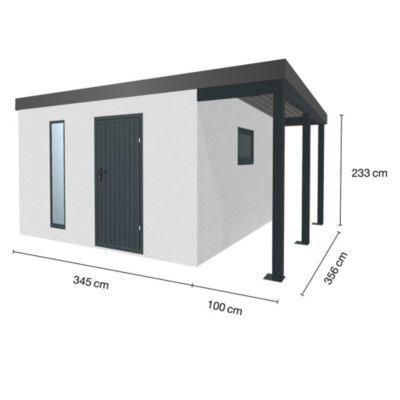 Abri de jardin en métal finition crépi 3450 x 3560 mm blanc avec auvent à droite 1000 x 3560 mm anthracite