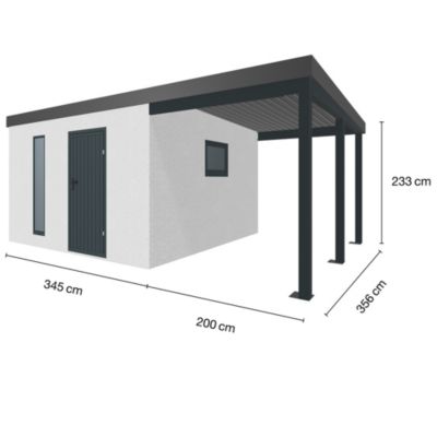 Abri de jardin en métal finition crépi 3450 x 3560 mm blanc avec auvent à droite 2000 x 3560 mm anthracite