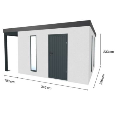 Abri de jardin en métal finition crépi 3450 x 3560 mm blanc avec auvent à gauche 1000 x 3560 mm anthracite
