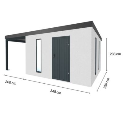 Abri de jardin en métal finition crépi 3450 x 3560 mm blanc avec auvent à gauche 2000 x 3560 mm anthracite