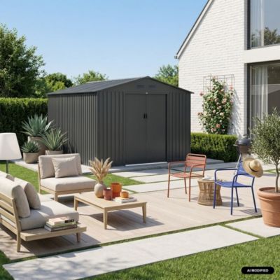 Abri de jardin en métal - FLANDRES 8.84m² gris anthracite - Cabane à outils avec deux grandes portes coulissantes. kit de fixation