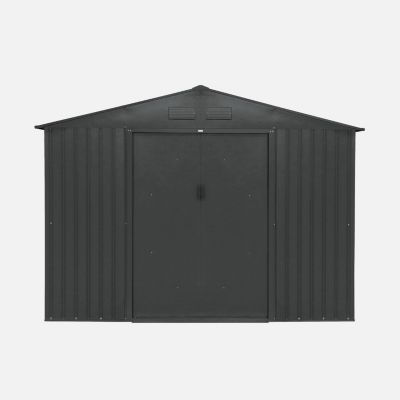 Abri de jardin en métal - FLANDRES 8.84m² gris anthracite - Cabane à outils avec deux grandes portes coulissantes. kit de fixation