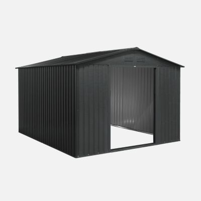 Abri de jardin en métal - FLANDRES 8.84m² gris anthracite - Cabane à outils avec deux grandes portes coulissantes. kit de fixation