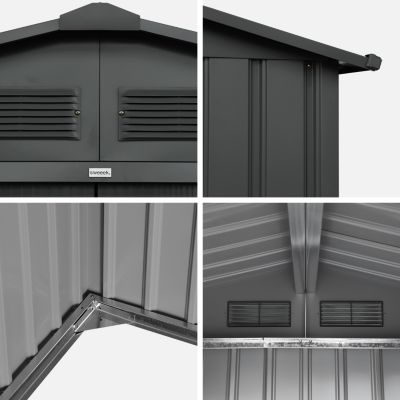 Abri de jardin en métal - FLANDRES 8.84m² gris anthracite - Cabane à outils avec deux grandes portes coulissantes. kit de fixation