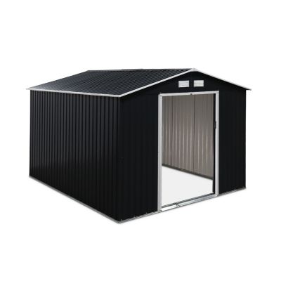 Abri de jardin en métal - FLANDRES 8.84m² gris anthracite - Cabane à outils avec deux grandes portes coulissantes. kit de fixation