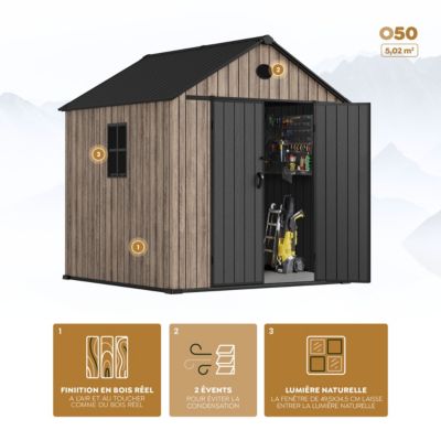 Abri de jardin en résine 5,02 m² Oak O50 - Plancher inclus - Fenêtre latérale - Effet bois premium - Double porte large