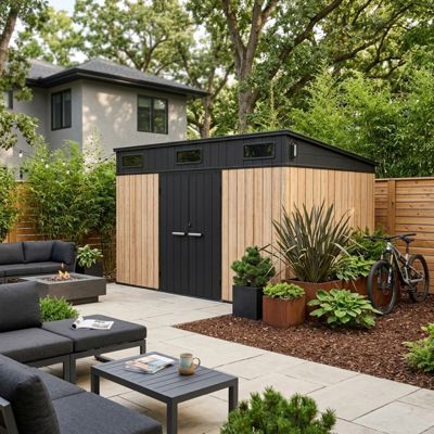 Abri de jardin en résine effet bois 7,29 m² avec plancher Woodizy Jôbu