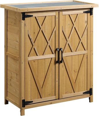 Abri de Jardin extérieur sur Pied dim. 75L x 40l x 90H cm 3 étagères 2 Portes Toit en tôle galvanisé étanche Bois Sapin Jaune