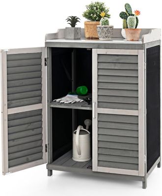 Abri de Jardin Galvanisé avec Étagère à 2 Niveaux&Porte Latérale Enroulable&Pieds Surélevés, Gris