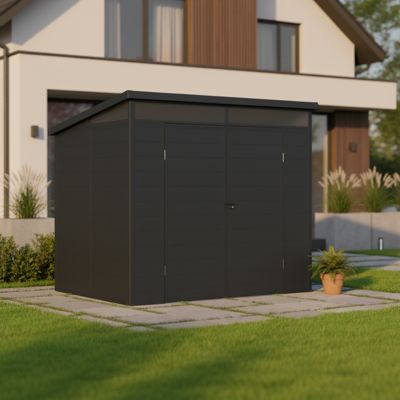 Abri de jardin Jôbu en résine anthracite 4m² avec plancher et fenêtres zénithales