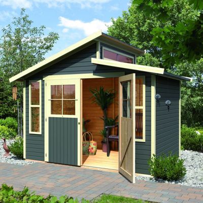 Abri de jardin Karibu Grauburg 7, 9,24m², en épicéa nordique peint gris terre, toit en gradins