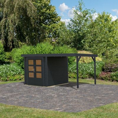 Abri de jardin Karibu Jupiter 4,45m² avec appentis 235cm, toit plat, épicéa 19mm et acier gris anthracite