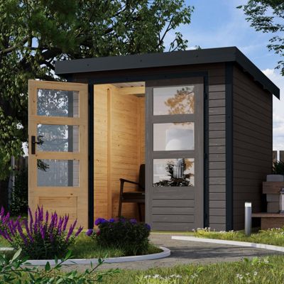 Abri de jardin Karibu Jupiter 4,45m² en bois 19mm peint gris terre et acier anthracite, toit tôle trapézoïdale, porte vitrée