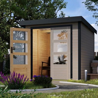 Abri de jardin Karibu Jupiter 4,45m² en épicéa 19mm peint gris clair et acier anthracite, double porte vitrée