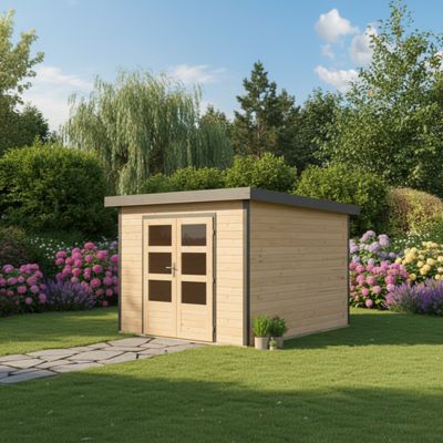 Abri de jardin Karibu Pluto 7,34 m² en épicéa 28mm et acier anthracite double porte