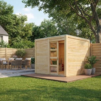 Abri de jardin Karibu Qubic 6,05m² en bois massif 19mm, toit plat, porte coulissante, embase traitée autoclave