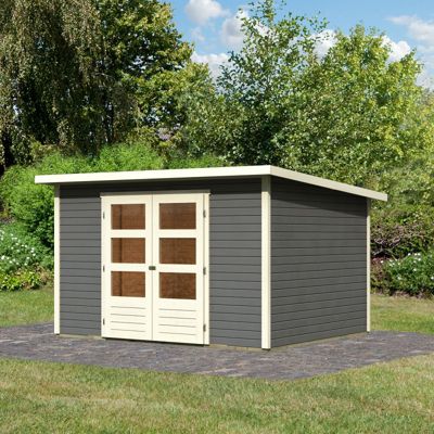 Abri de jardin Karibu Stockach 5 en bois massif 7,5 m² traité gris terre, double porte, toit plat