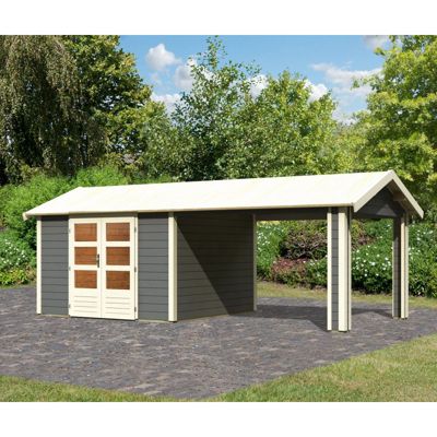 Abri de jardin Karibu Theres 7, 9,24m² avec auvent, bois épicéa massif gris terre et embase autoclave