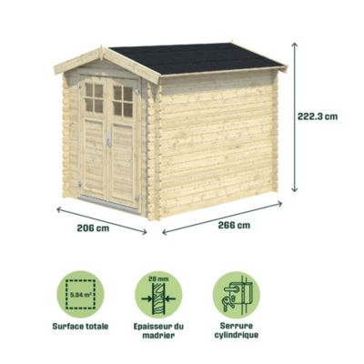 Abri de jardin Klikstrom Belaïa bois naturel ép.28 mm surface totale 5,9 m²