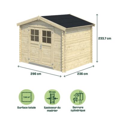 Abri de jardin Klikstrom Belaïa bois naturel ép.28 mm surface totale 7.4m²