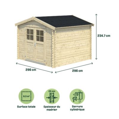 Abri de jardin Klikstrom Belaïa bois naturel ép.28 mm surface totale 9.3m²