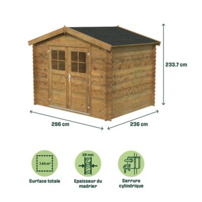 Abri de jardin Klikstrom Belaïa bois traité autoclave marron ép.28 mm surface totale 7,4m²
