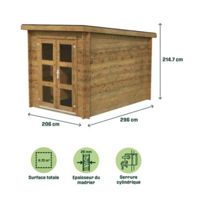 Abri de jardin Klikstrom Belaïa bois traité autoclave marron ép.28 mm toiture monopente surface totale 6.72m²