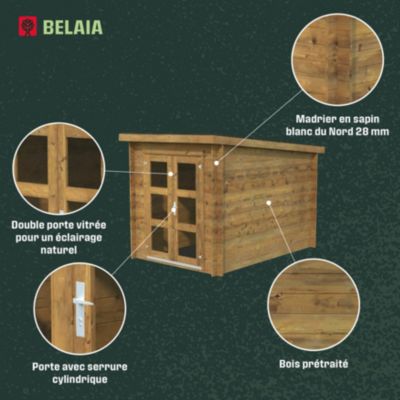 Abri de jardin Klikstrom Belaïa bois traité autoclave marron ép.28 mm toiture monopente surface totale 6.72m²