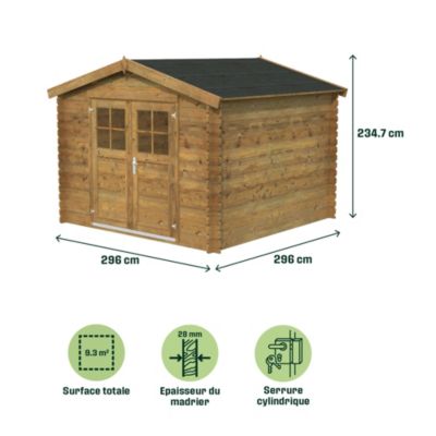 Abri de jardin Klikstrom Belaïa bois traité autoclave marron surface ép.28 mm totale 9.3m²