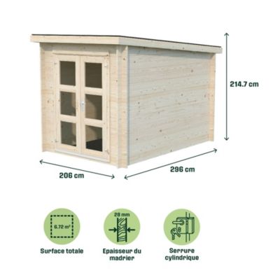 Abri de jardin Klikstrom Belaïa naturel ép.28 mm toiture monopente surface totale 6.72m²