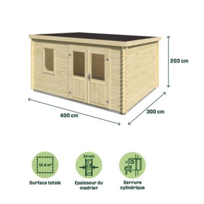 Abri de jardin Klikstrom Linda bois naturel ép.34 mm surface totale 12.2m²