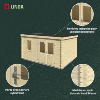 Abri de jardin Klikstrom Linda bois naturel ép.34 mm surface totale 12.2m²