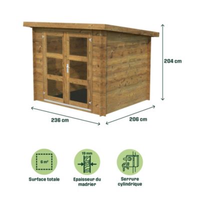 Abri de jardin Klikstrom Mokau bois traité autoclave marron ép.19 mm toiture monopente surface totale 6m²