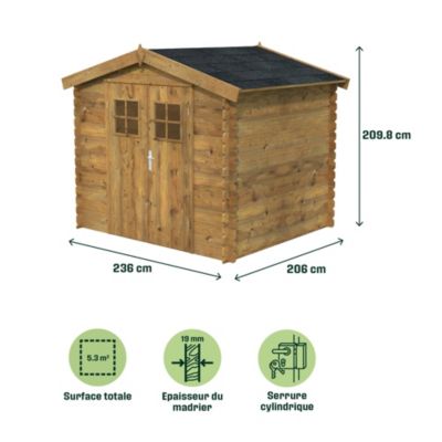 Abri de jardin Klikstrom Mokau sapin blanc du nord traité autoclave marron ép.19 mm surface totale 5,3m²