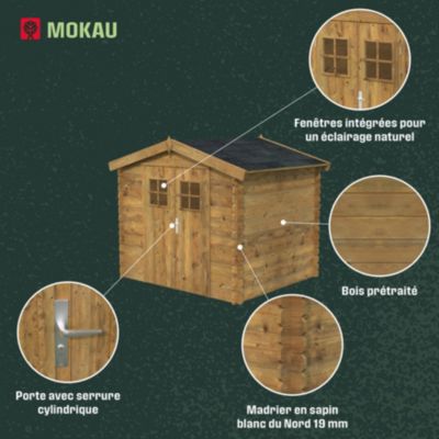 Abri de jardin Klikstrom Mokau sapin blanc du nord traité autoclave marron ép.19 mm surface totale 5,3m²