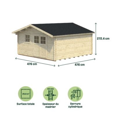 Abri de jardin Klikstrom Oreti bois naturel ép.44 mm surface totale 25.9m²