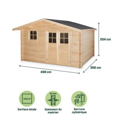 Abri de jardin Klikstrom Taman bois naturel ép.34 mm surface totale 14.12m²