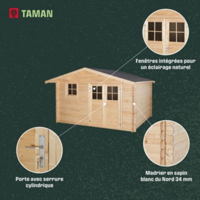Abri de jardin Klikstrom Taman bois naturel ép.34 mm surface totale 14.12m²