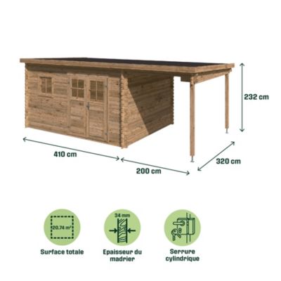 Abri de jardin Klikstrom Taman bois traité autoclave marron ép.34 mm toiture monopente  surface totale 19,5 m²