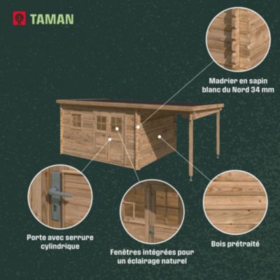 Abri de jardin Klikstrom Taman bois traité autoclave marron ép.34 mm toiture monopente  surface totale 19,5 m²