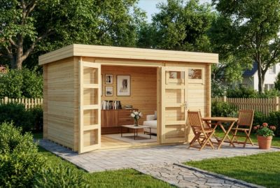 Abri de jardin Leandro Alpholz, 39x27m dim ext (cas échéant incl débord de toit) naturel, épaisseur paroi : 28mm, 10,6m² totale