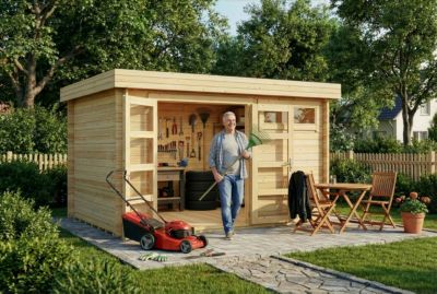 Abri de jardin Leandro Alpholz, 39x27m dim ext (cas échéant incl débord de toit) naturel, épaisseur paroi : 28mm, 10,6m² totale