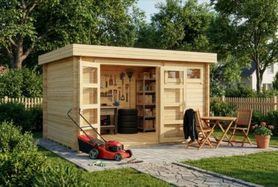 Abri de jardin Leandro Alpholz, 39x27m dim ext (cas échéant incl débord de toit) naturel, épaisseur paroi : 28mm, 10,6m² totale
